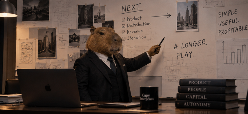 Jasper Livingston planning the next product at the Capy Enterprises desk